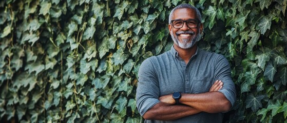 a smiling man standing against a wall of green ivy