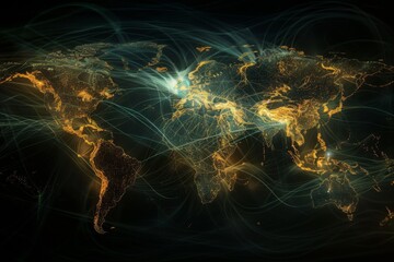 Poster - A visually striking world map featuring glowing lights and lines, representing international connections and networks, Abstract representation of a global network, Ai generated