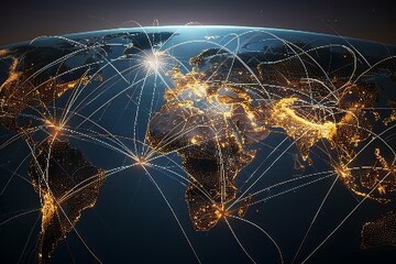 Poster - A dynamic world map with bright lights and lines, emphasizing the theme of global connectivity and technological advancement, Abstract representation of a global network, Ai generated