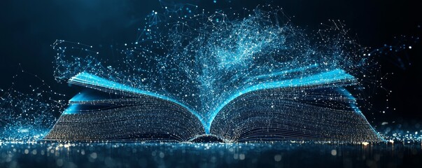 Poster - digital wireframe book illustrating knowledge and technology concepts