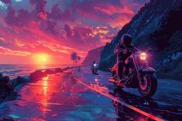 A man on a motorcycle is riding down a road with a sunset in the background