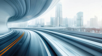 Poster - Highway overpass motion blur effect with modern city skyline background. Generative AI.