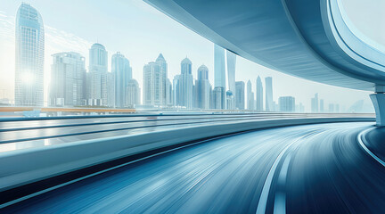 Wall Mural - Highway overpass motion blur effect with modern city skyline background. Generative AI.