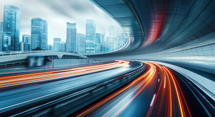 Poster - Highway overpass motion blur effect with modern city skyline background. Generative AI.