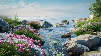 Sticker - The rocky shore is dotted with flowers