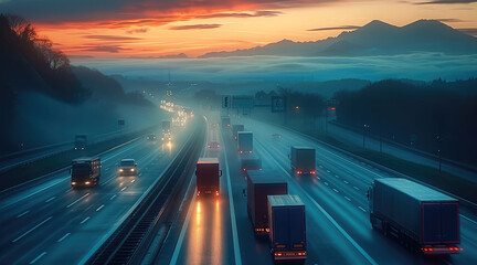 Wall Mural - Transport trucks drive on the highway at dawn. taken from an elevated position. Generative AI.