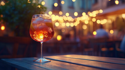 A close-up of an Aperol Spritz cocktail on a chic restaurant patio table, illuminated by soft lantern light, with a warm summer evening background. Ai generated