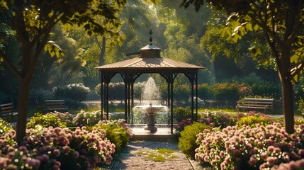 Wall Mural - Romantic gazebo surrounded by flowering bushes