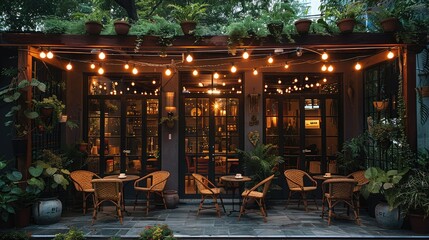 Poster - A picturesque with a classic, elegant exterior. The warm glow from the inside, coupled with the cozy outdoor seating adorned with string lights, creates a serene and inviting atmosphere.