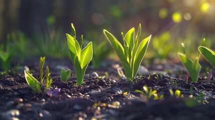 Canvas Print - Spring young green shoots and bright flowers sprout