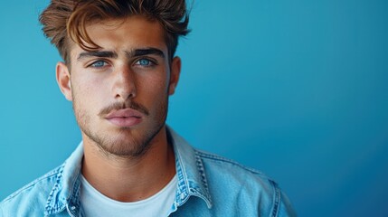Poster - Young Handsome male portrait, isolated blue background. Generative AI.