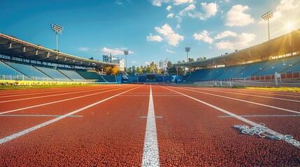 A track and field stadium with tartan track, outdoor setting with spectator stands, Vibrant style. Generative AI.