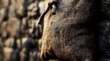 Wall Mural - Close-up of a Worn Burlap Bag with a Knotted Rope Handle