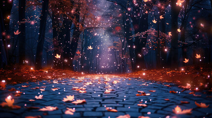 Poster - A tranquil night scene with a starry sky, a path covered in fallen leaves, and distant tree silhouettes. Generative AI.