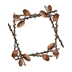 Wall Mural - a square frame made from dry twigs and cones isolated on a white background. design element for crea
