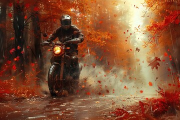 Poster - A man is riding a motorcycle in the rain, with leaves falling around him