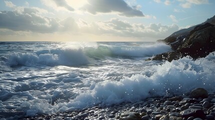 Canvas Print - Foamy waves rapidly rolling onto the rocky shore