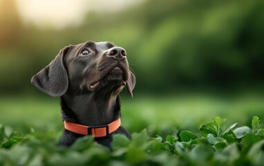 A curious black dog looks up in a lush green field, embodying joy and companionship in nature's embrace.