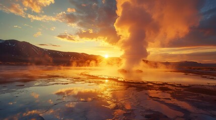 Sticker - Sunrise rays illuminate the geyser creating golden reflections