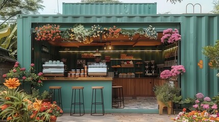 Poster - Light green container coffee shop, a dessert shop located in a sea of flowers. Generative AI.
