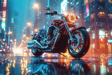 A red motorcycle is parked in the rain on a city street