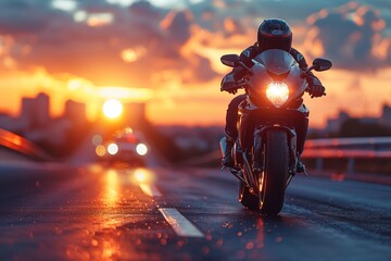 Wall Mural - A motorcycle rider is on a road at sunset, with the sun setting behind him