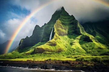 Poster - Majestic green mountains with a rainbow in the sky.