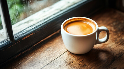 a cup of hot coffee on the table side the window