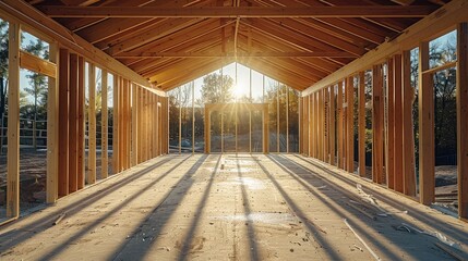 Aufkleber - Wooden frame of a new house under construction, exterior. Generative AI.