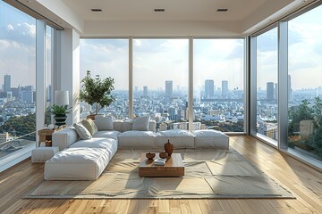 Poster - A large, open living room with a view of the city