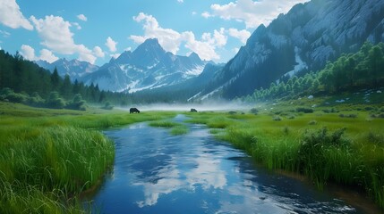 Wall Mural - The wide valley is surrounded by high mountains