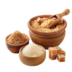 A set of sweet sugar, featuring unrefined brown cane sugar, white crystallized refined sugar pile (beet), and muscovado in a clay pot, isolated on a  transparent background