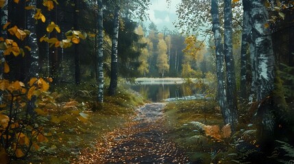 Wall Mural - A path in a finnish forest passing image