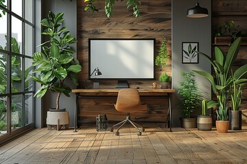 Poster - A modern office space with a large window and a white computer monitor