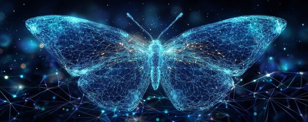 Poster - Digital wireframe butterfly on dark background representing technology and innovation