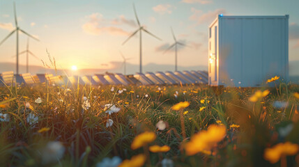 Poster - An energy storage container with solar panels and wind turbines in the background, illuminated by sunlight. modern technology integration within the natural landscape. Generative AI.