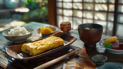 Poster - Japanese breakfasts with miso soup rice pickled vegetables