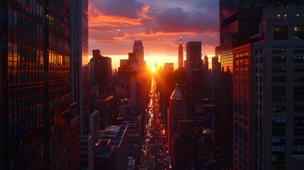 Poster - Sunset over a metropolis where skyscrapers are painted