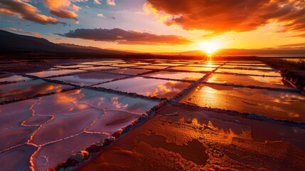 Wall Mural - Sunset warm hues paint the salt fields