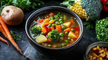 Wall Mural - Fresh vegetable soup made of green bean, pea, carrot, potato, red bell pepper,corn on the cob and broccoli in bowl --