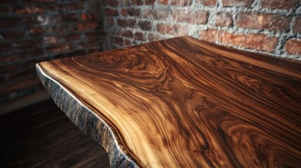 Wall Mural - Wooden table against brick wall