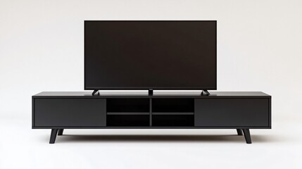 Wall Mural - A sleek TV stand with a minimalist design, featuring a matte black finish and open shelving, isolated on a pure white background