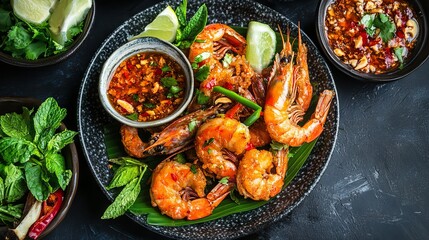 Wall Mural - Fried spices shrimp with bitter bean (Parkia speciosa ) and shrimp sauce, Thai food menu -