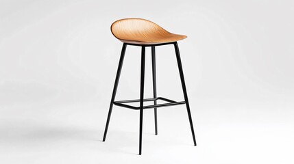 A stylish bar stool with a curved, wooden seat and slender black metal legs, isolated on a plain white background for a minimalist effect