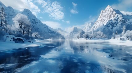 Wall Mural - Winter mountains and frozen water surface