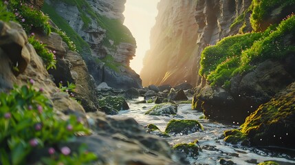 Poster - Stream canyon with high cliffs covered