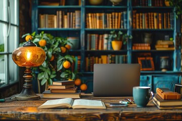 Poster - A desk with a laptop, a cup of coffee, and a book