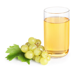 Wall Mural - Tasty juice in glass, fresh grapes and leaf isolated on white