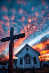 Wall Mural - there is a wooden cross on a pole in front of a church