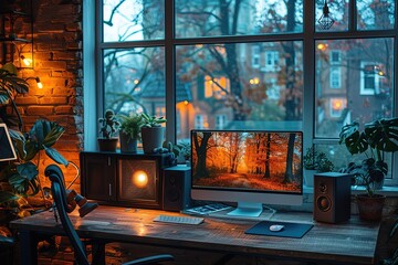 Poster - A computer desk with a monitor and speakers